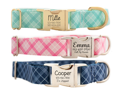 Diagonal Plaid Dog Collar in Pink, Navy, or Mint