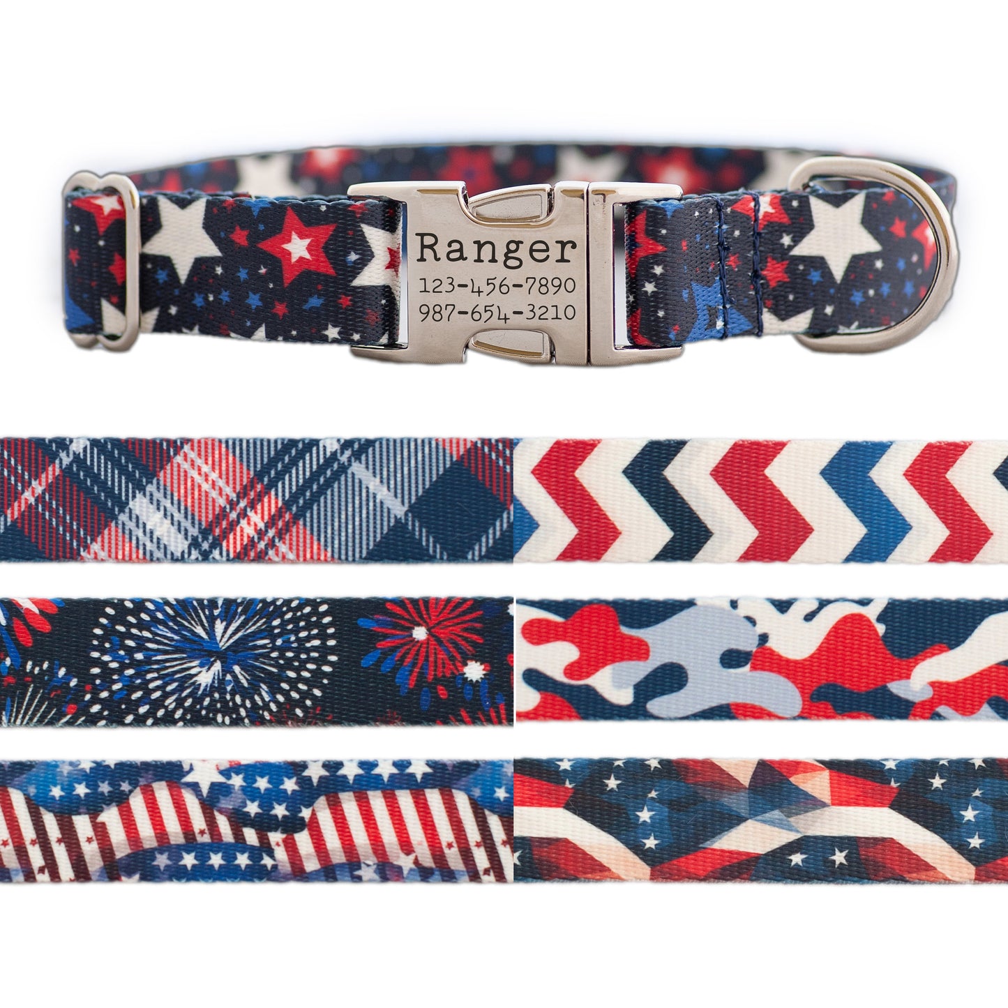 Personalized Red, White and Blue Patriotic Dog Collar for Boy and Girl Dogs