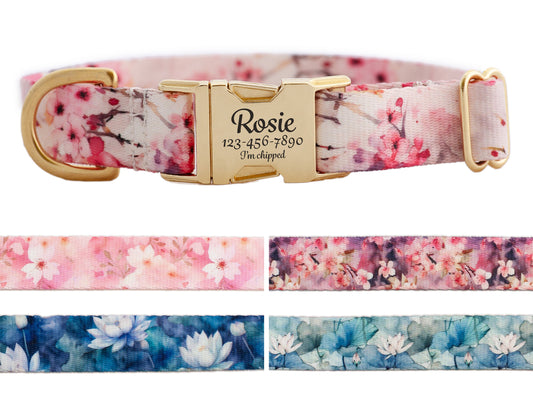 Japanese Floral Personalized Dog Collar for Girls