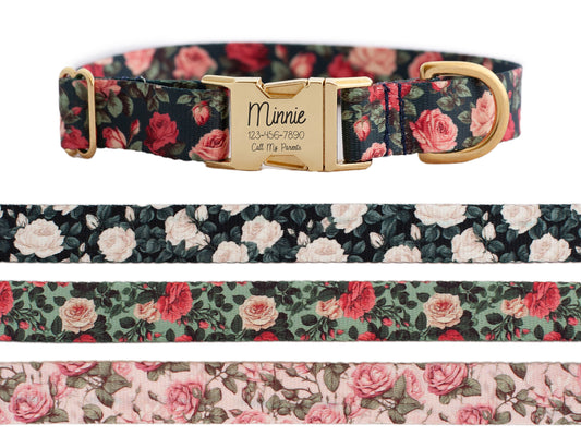 Roses Personalized Floral Dog Collar for Girls