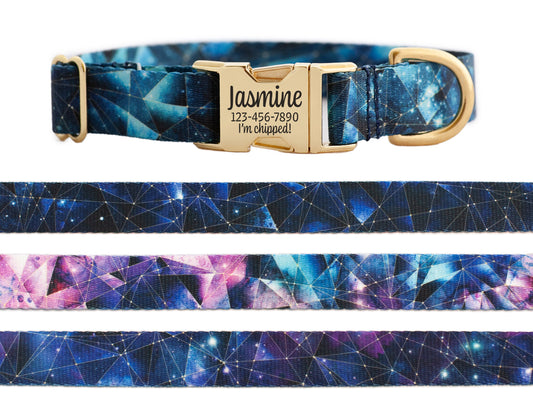 Personalized Dog Collar with Watercolor Crystal Galaxy Print for Boy and Girl Dogs